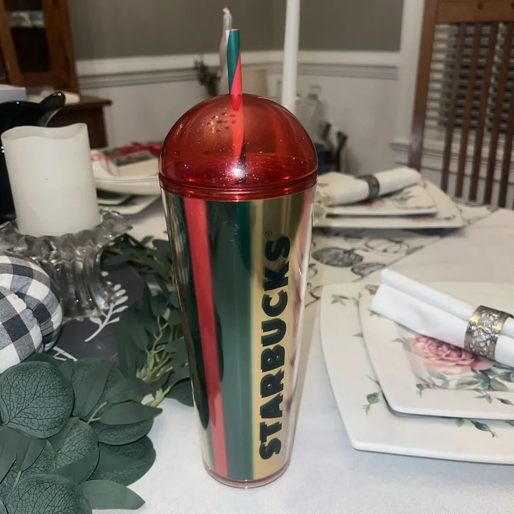 Starbucks 2024 Metallic Red Green Gold Stripe Dome Cup Limited Edition‎ w/straw